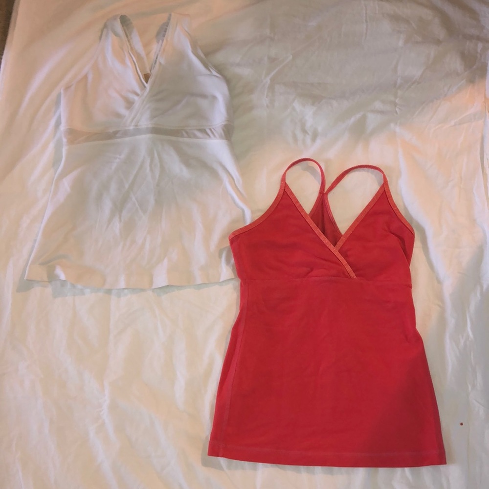 A white and a coral lululemon  tank top